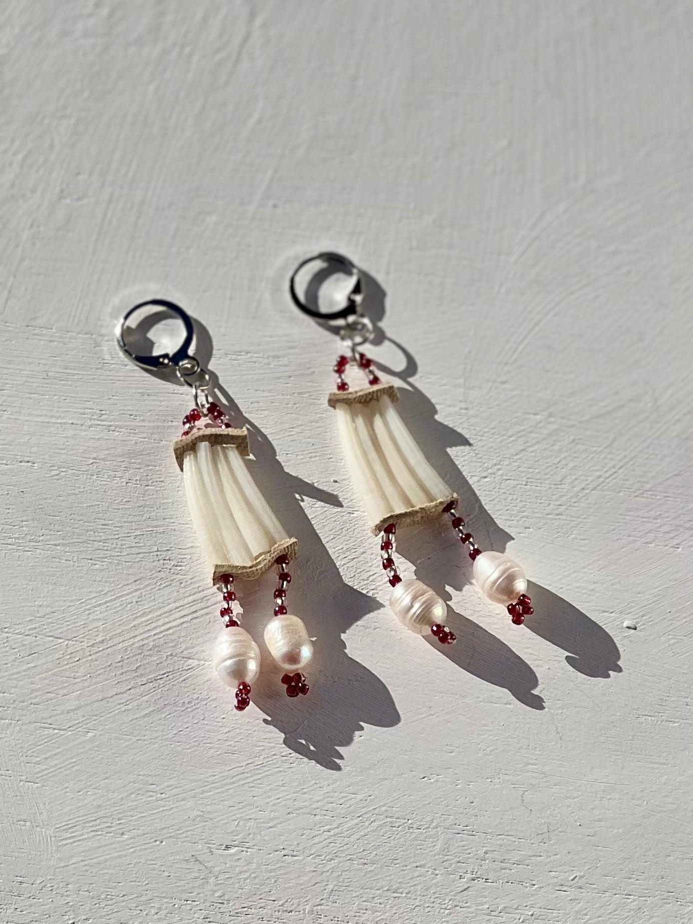 Dentalium (Tusk) Shell Earrings with Pearl Drops