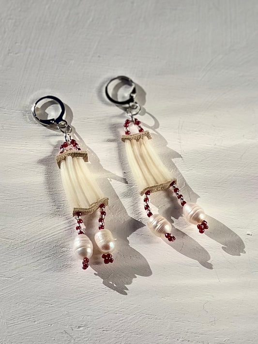 Dentalium (Tusk) Shell Earrings with Pearl Drops